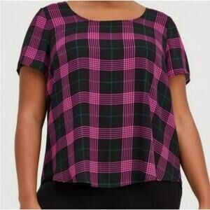 New Torrid Womens 0X Top Plus Size Black Pink Plaid Abbey Georgette Blouse